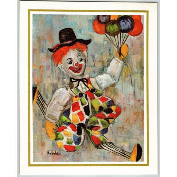Set Of 2 Art Print Lithographs By Michele Circus Clowns Stool Balloons Retro Mod - Picture 3 of 4